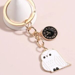 Clock and Owl Charm Keychain Golden